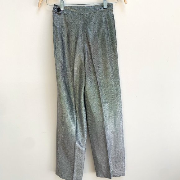 Vintage Custom Made High Waist Silver Mesh Wide Leg Pleat Front Trousers - Picture 4 of 15